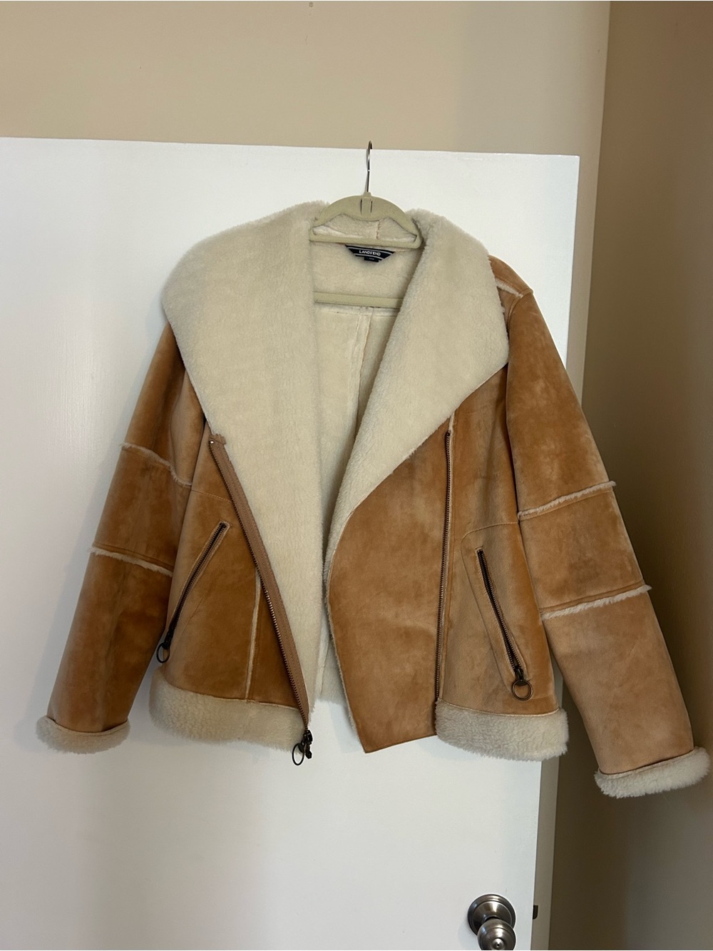 Lands' End Tan Suede Shearling Jacket with Cream Lining